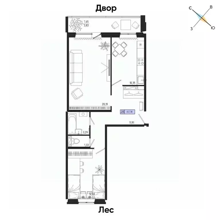 2-к кв. Томская область, Томск тракт Иркутский, 185Б (63.36 м) - Фото 0