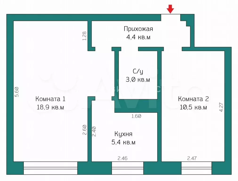 2-к. квартира, 42,2 м, 2/5 эт. - Фото 0