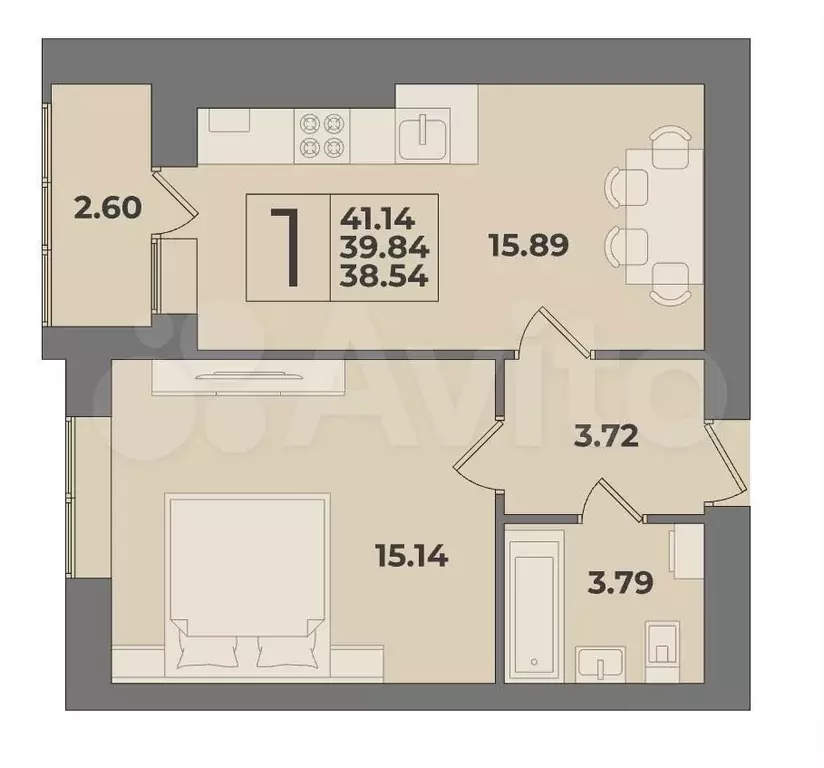 1-к. квартира, 41,1м, 1/9эт. - Фото 1