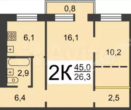 3-к. квартира, 45 м, 5/5 эт. - Фото 0