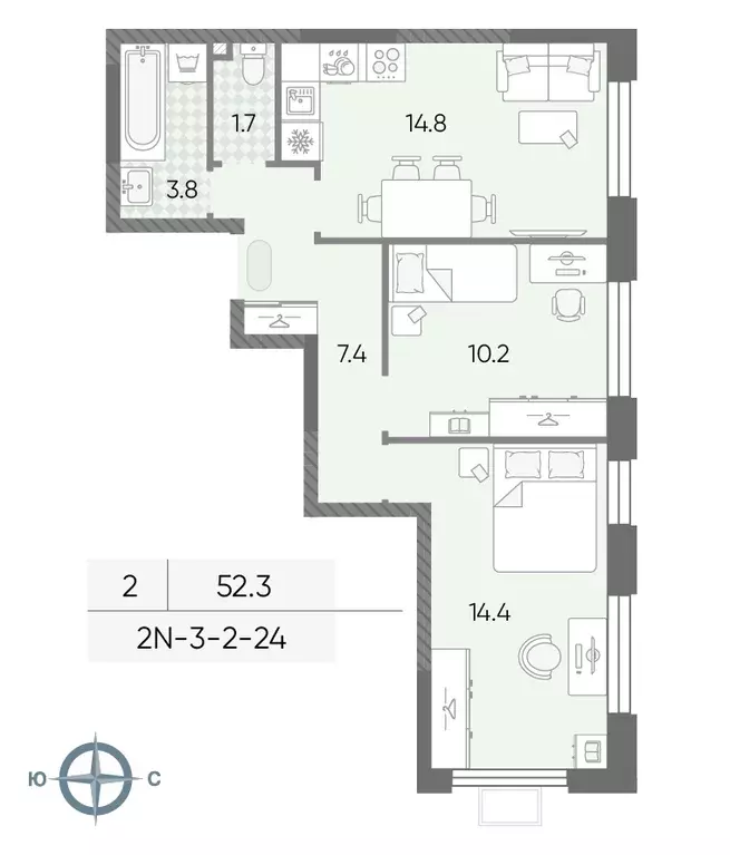 2-к квартира, 52.3 м - Фото 1