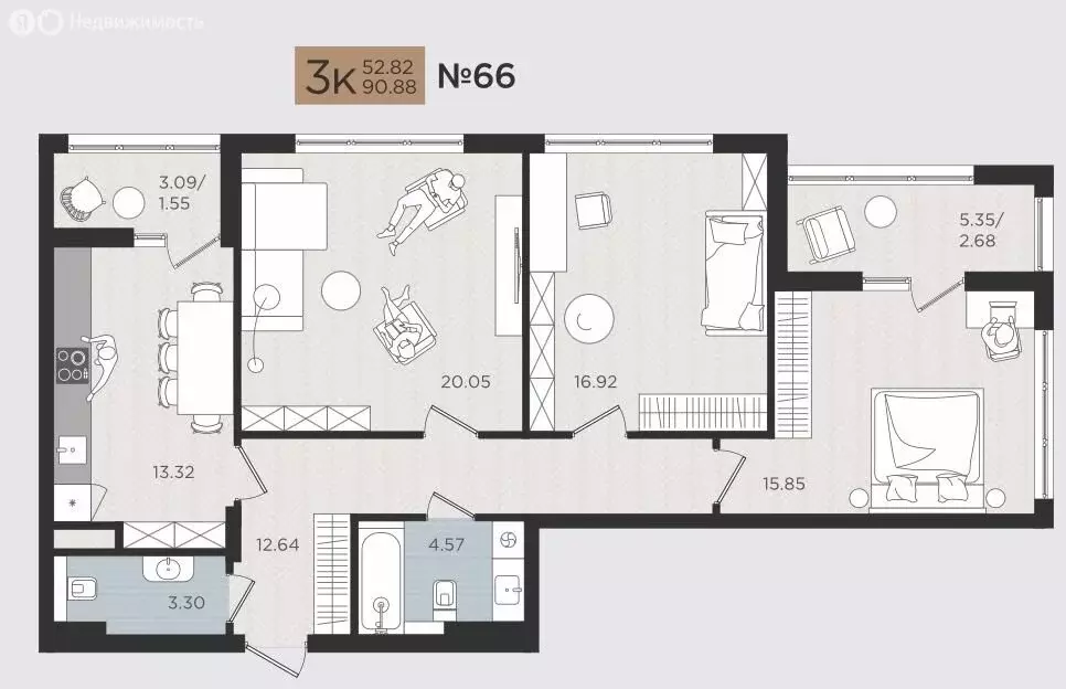 3-комнатная квартира: Калининград, Советский проспект, 50 (90.88 м) - Фото 1