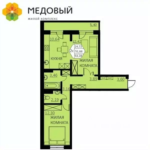 2-к кв. Пермский край, д. Кондратово ул. Г.Н. Нифантова, 4А (51.8 м) - Фото 0