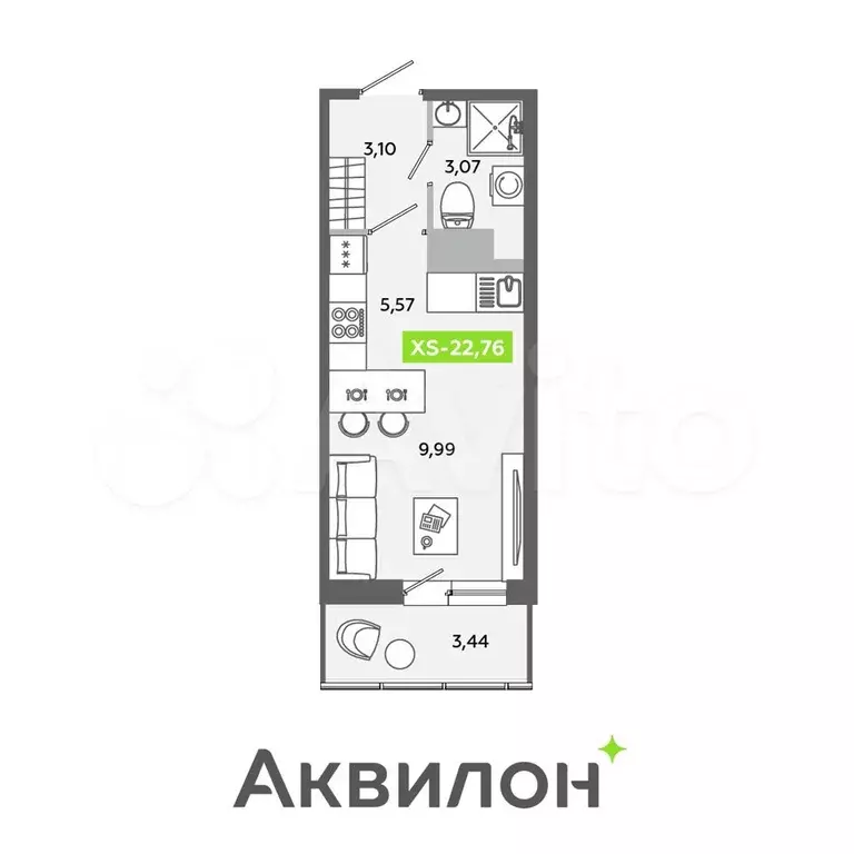 Квартира-студия, 22,8 м, 7/12 эт. - Фото 0