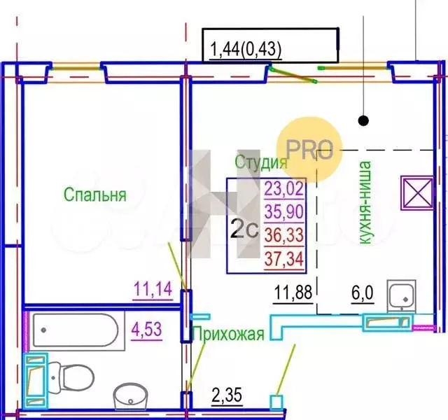 1-к. квартира, 36 м, 7/10 эт. - Фото 0