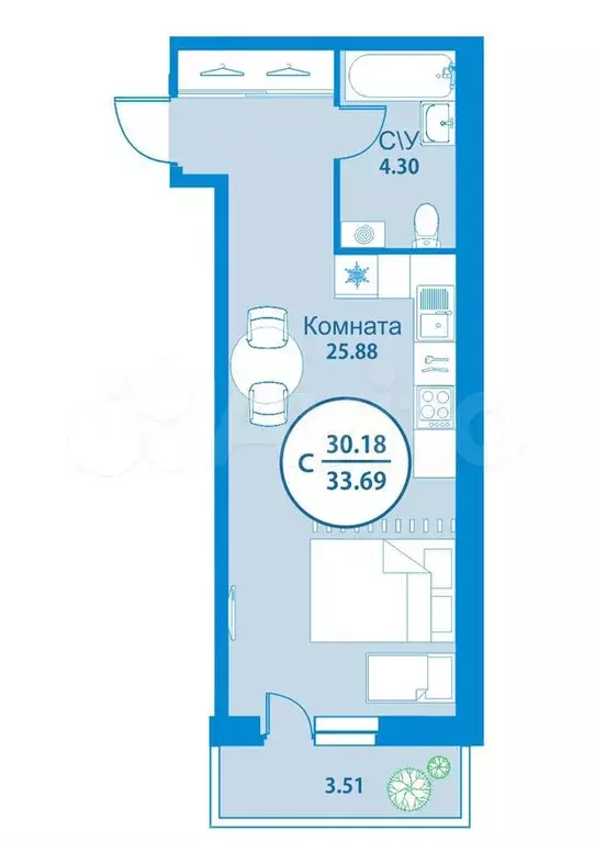 Квартира-студия, 29,5 м, 4/19 эт. - Фото 0