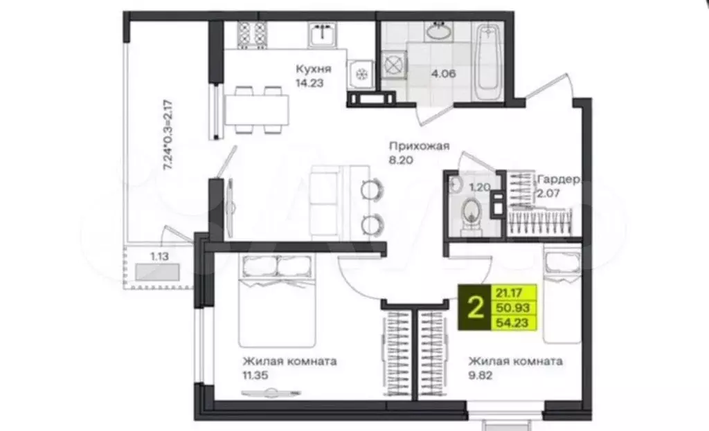 2-к. квартира, 54 м, 7/8 эт. - Фото 1