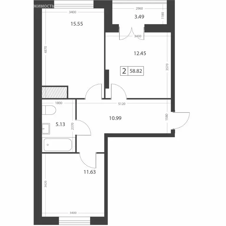 2-комнатная квартира: Тверь, микрорайон Южный (58.82 м) - Фото 2