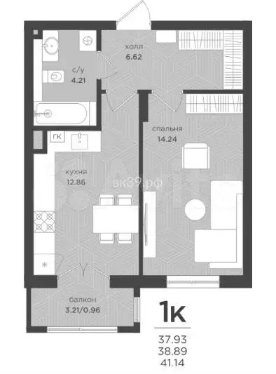 1-к. квартира, 38,9 м, 1/4 эт. - Фото 1