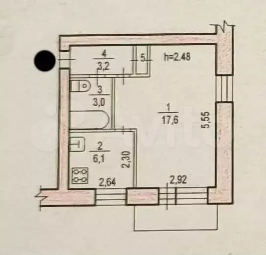 1-к. квартира, 30,6 м, 3/5 эт. - Фото 0