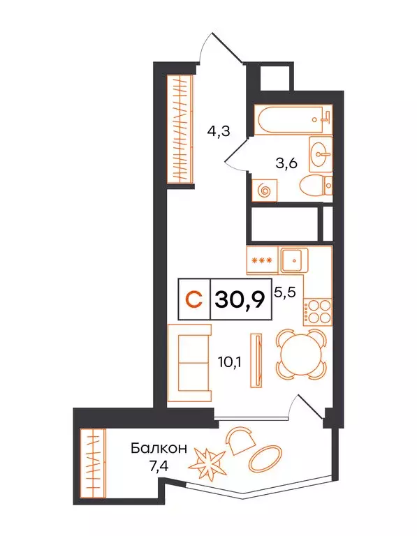 Квартира-студия: Екатеринбург, улица Патриса Лумумбы, 54 (30.9 м) - Фото 1