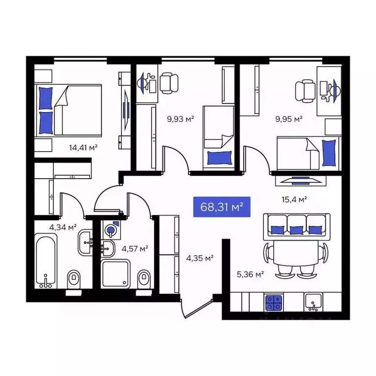 3-к кв. Приморский край, Владивосток Визионер жилой комплекс (68.31 м) - Фото 1