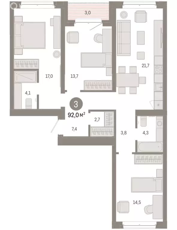 3-комнатная квартира: Тюмень, жилой комплекс На Минской (92.02 м) - Фото 1