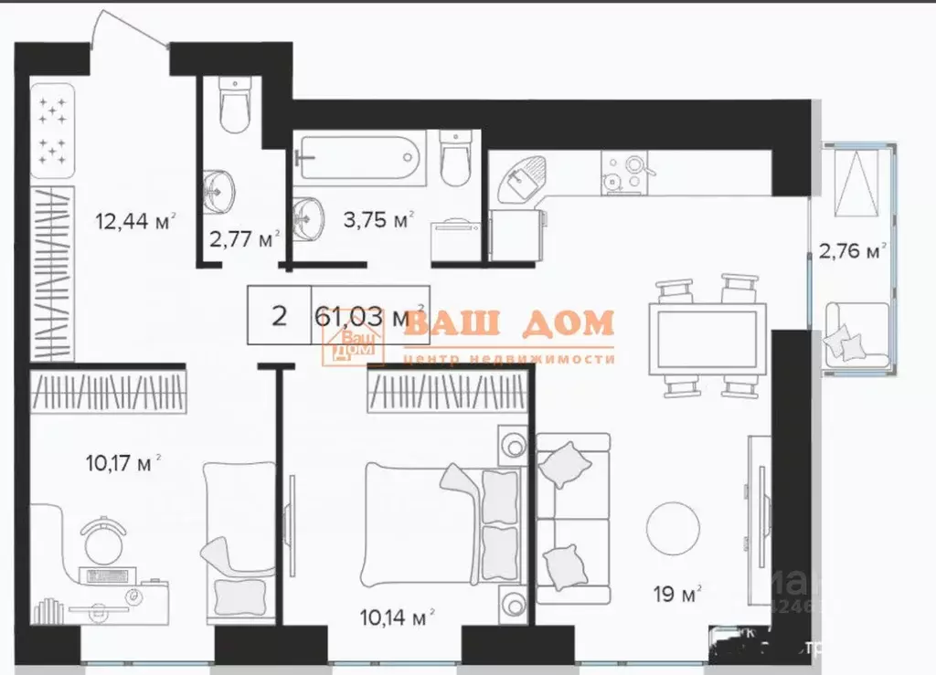 3-к кв. Тульская область, Тула Новомедвенский проезд, 6А (61.0 м) - Фото 2