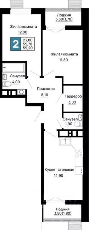2-к кв. Адыгея, Тахтамукайский район, Яблоновский пгт  (59.2 м) - Фото 1