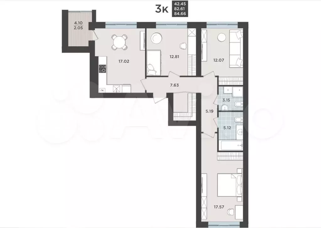 3-к. квартира, 82,6 м, 4/9 эт. - Фото 1