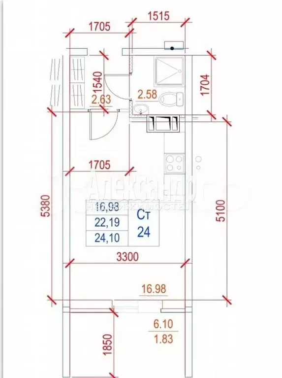 Квартира-студия, 22,2 м, 8/24 эт. - Фото 0