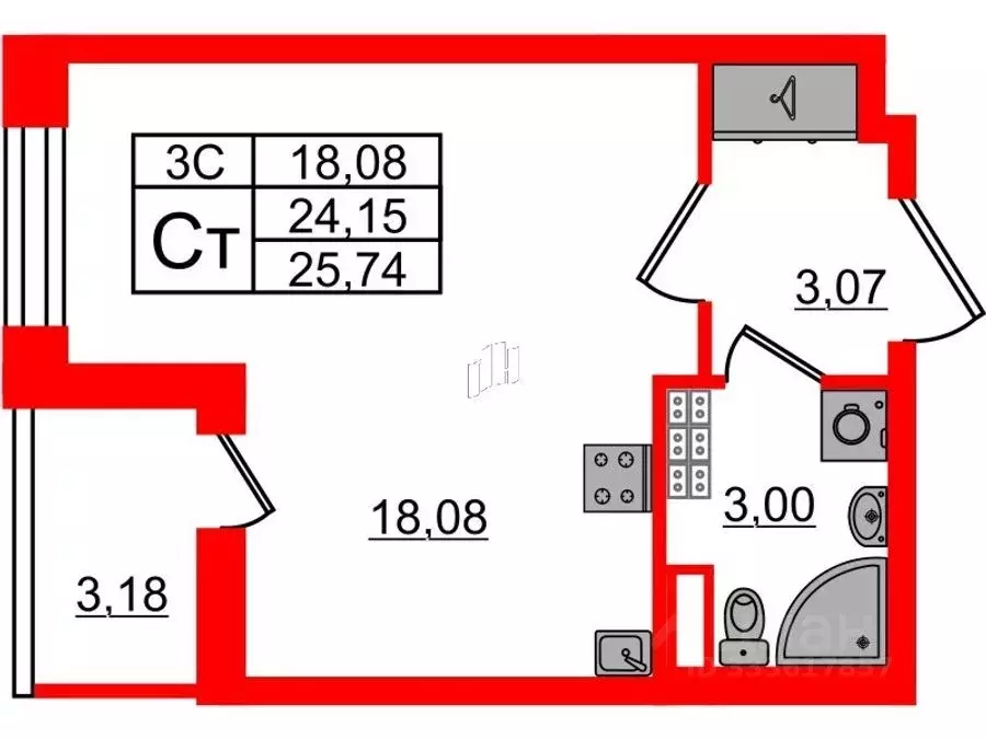 Студия Санкт-Петербург Пулковское ш., 95к3 (24.15 м) - Фото 1
