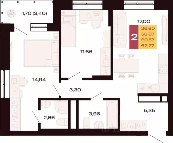 2-к кв. Свердловская область, Екатеринбург Юго-Западный жилрайон, ... - Фото 1
