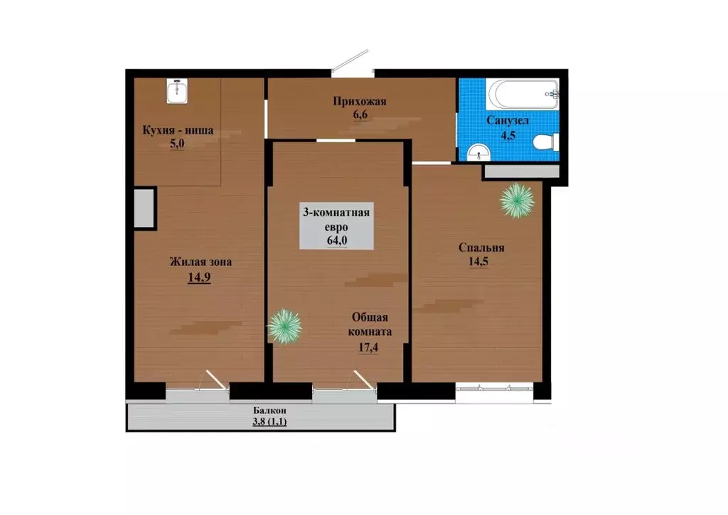 3-к кв. Забайкальский край, Чита просп. Маршала Жукова (63.7 м) - Фото 1