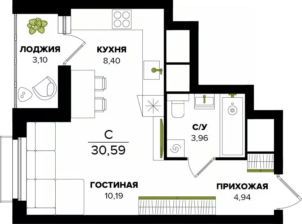 Студия Тульская область, Тула  (30.59 м) - Фото 0