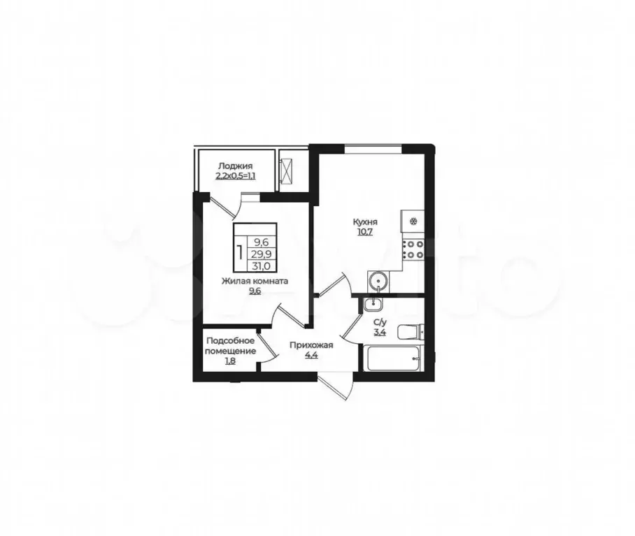 1-к. квартира, 31 м, 7/7 эт. - Фото 1