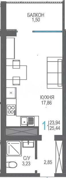 Квартира-студия, 25,4м, 15/16эт. - Фото 0