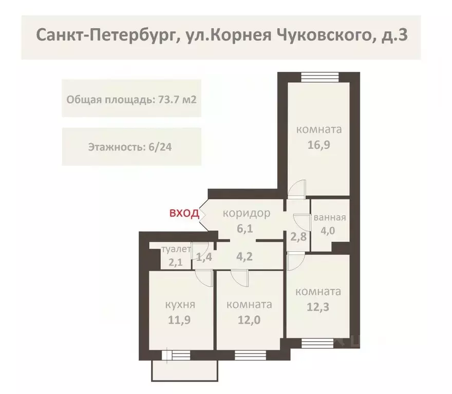 3-к кв. Санкт-Петербург ул. Корнея Чуковского, 3к1 (73.7 м) - Фото 1