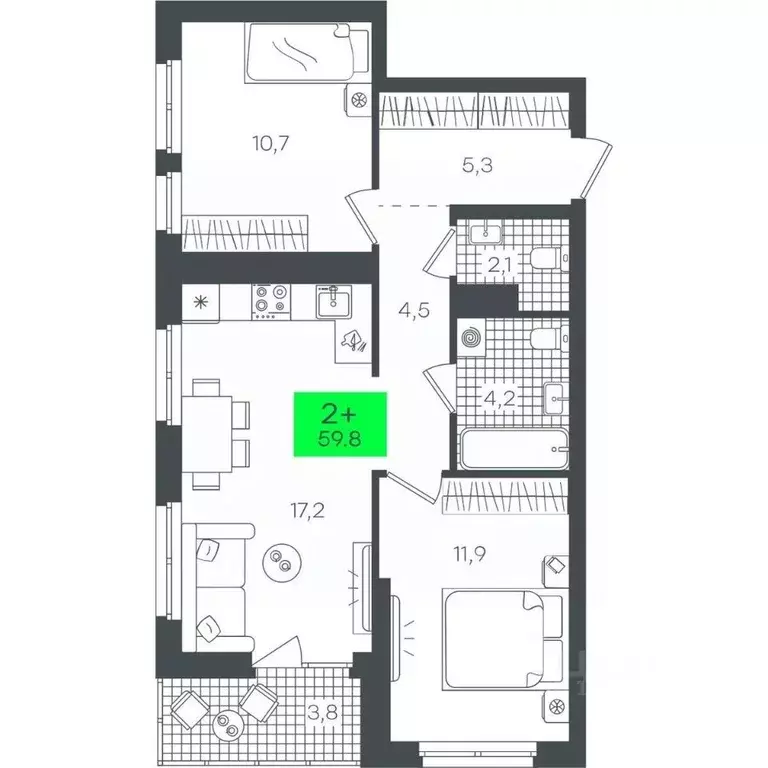 2-к кв. Тюменская область, Тюмень ул. Василия Малкова, 15 (59.88 м) - Фото 0