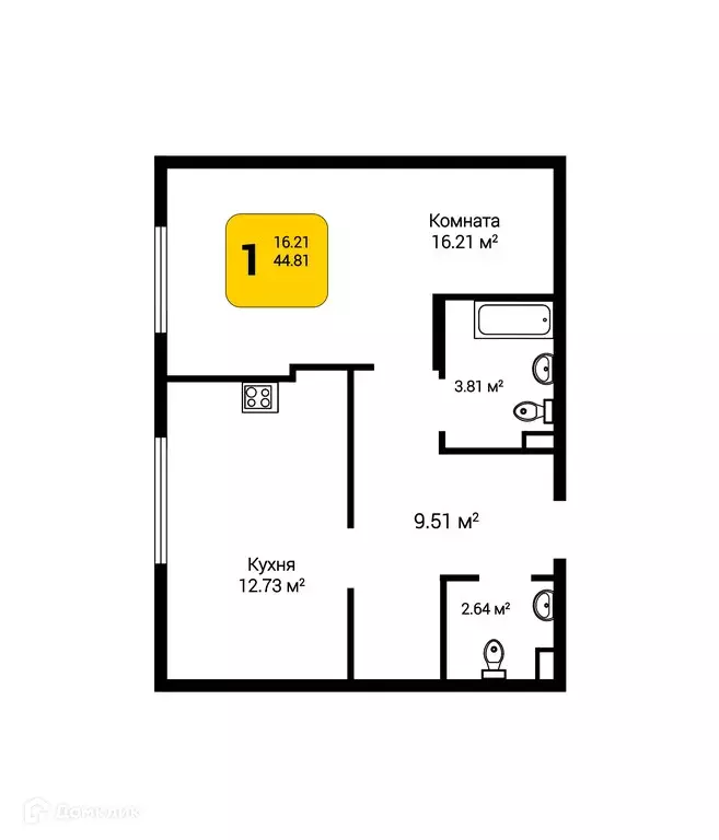 Продаётся 1-к квартира, 44.81 м - Фото 0