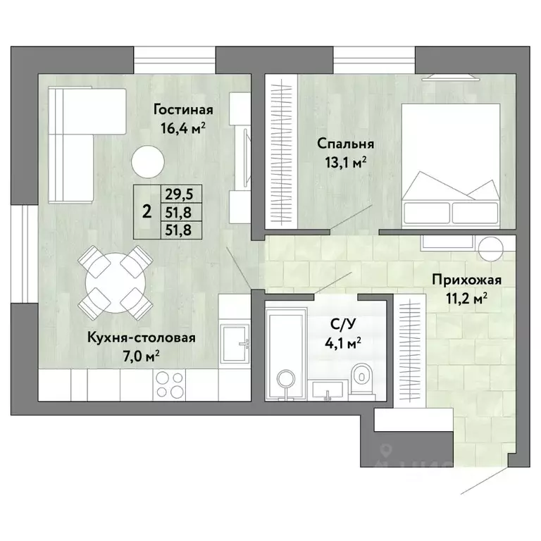 2-к кв. Хабаровский край, Хабаровск Грин 2 жилой комплекс (51.8 м) - Фото 1