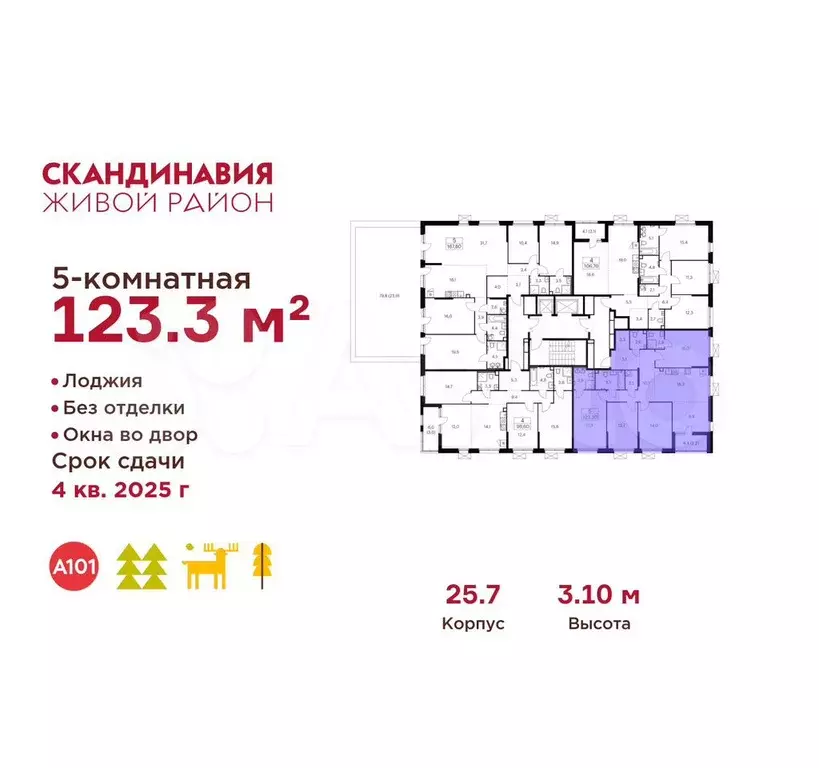 5-к. квартира, 123,3 м, 2/17 эт. - Фото 1