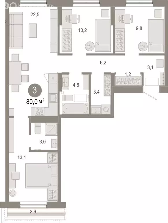 3-комнатная квартира: Тюмень, микрорайон ДОК, ЖК Октябрьский на Туре ... - Фото 1