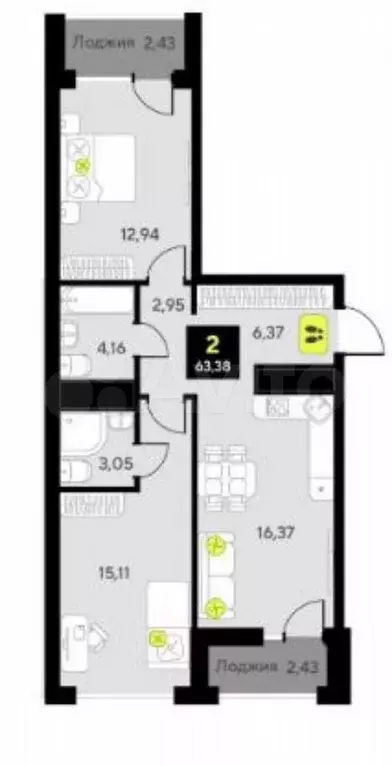2-к. квартира, 65 м, 7/20 эт. - Фото 0