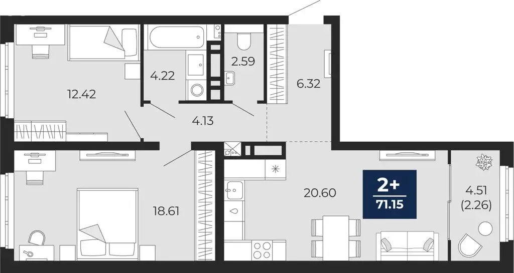 2-комнатная квартира: Тюмень, микрорайон Энтузиастов (68.89 м) - Фото 0