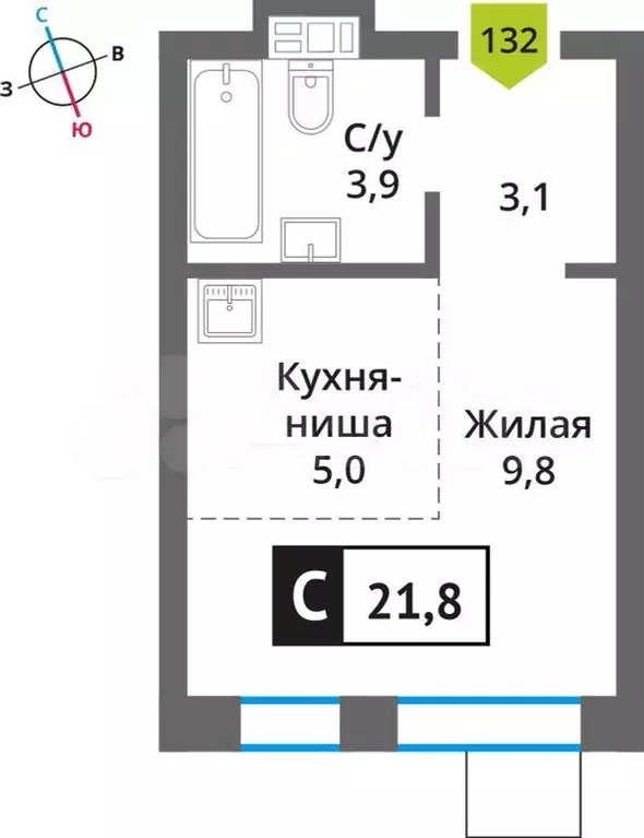 1-к. квартира, 21,8м, 2/6эт. - Фото 0