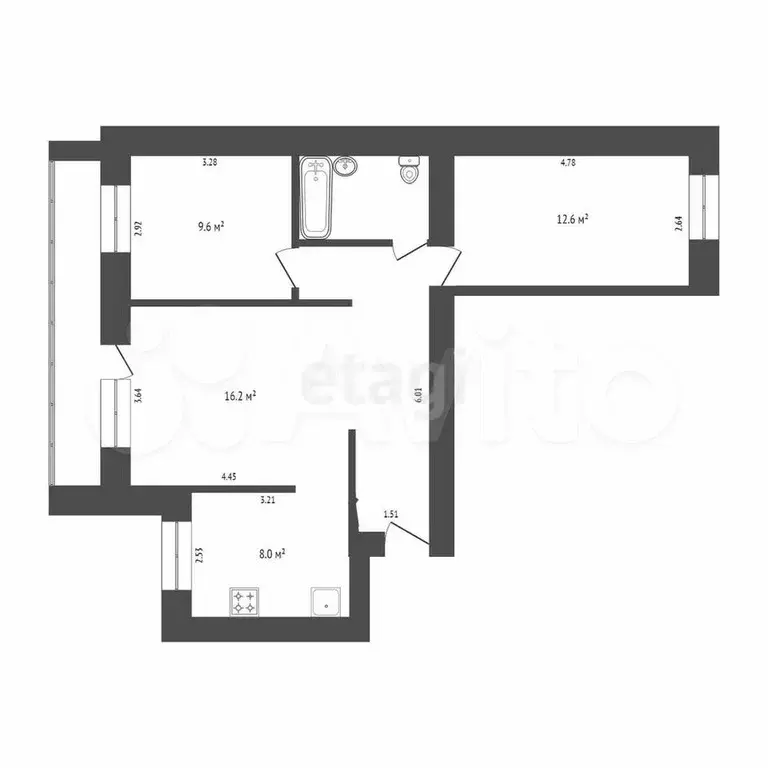 2-к. квартира, 60,7 м, 4/9 эт. - Фото 0