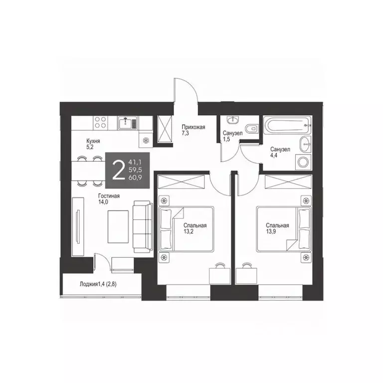 2-к кв. Татарстан, Альметьевск ул. Гафиатуллина, 60 (60.9 м) - Фото 1