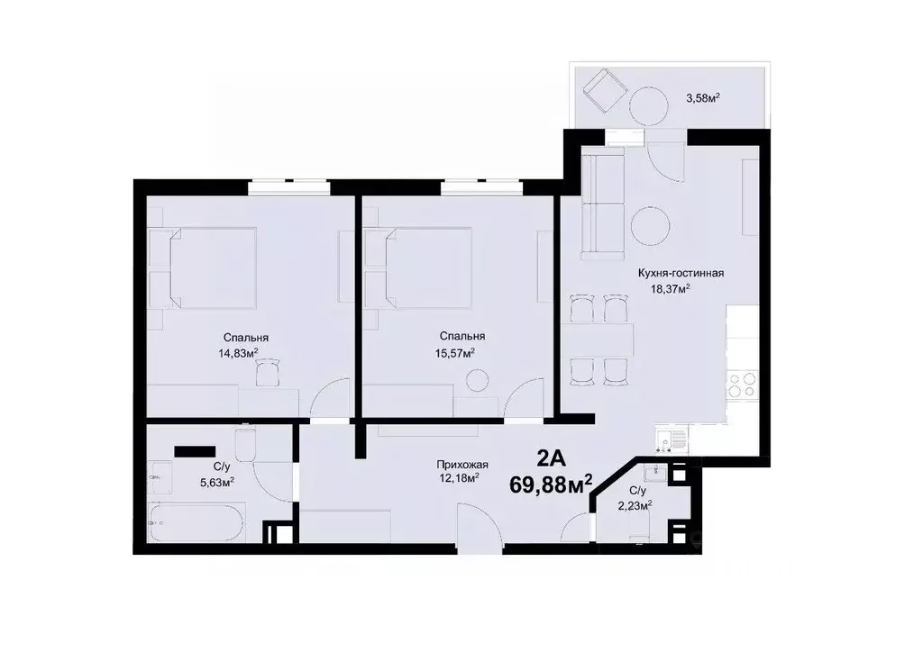 2-к кв. Самарская область, Тольятти ул. Маршала Жукова, 60 (69.78 м) - Фото 1