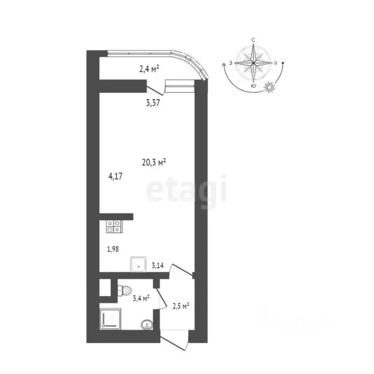 Студия Санкт-Петербург ул. Латышских Стрелков, 1 (26.6 м) - Фото 1