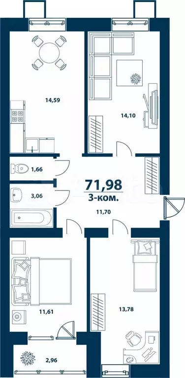 3-к. квартира, 72 м, 3/5 эт. - Фото 0