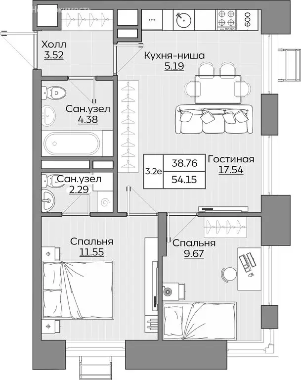3-комнатная квартира: Казань, ЖК Батталовский (54.14 м) - Фото 0
