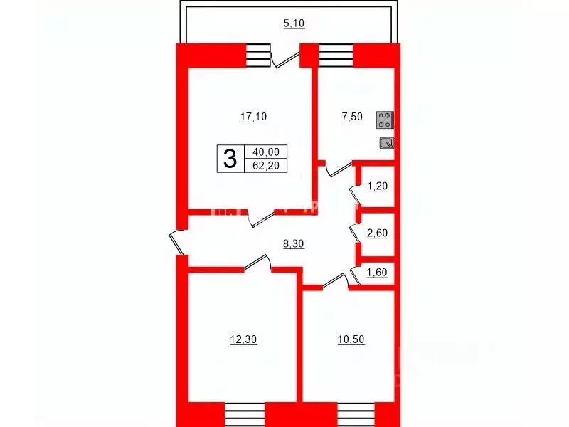 3-к кв. Ленинградская область, Сланцы ул. Кирова, 12 (62.2 м) - Фото 2