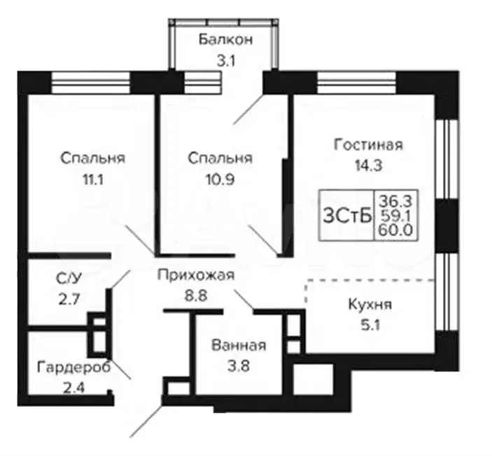 3-к. квартира, 60 м, 7/23 эт. - Фото 0