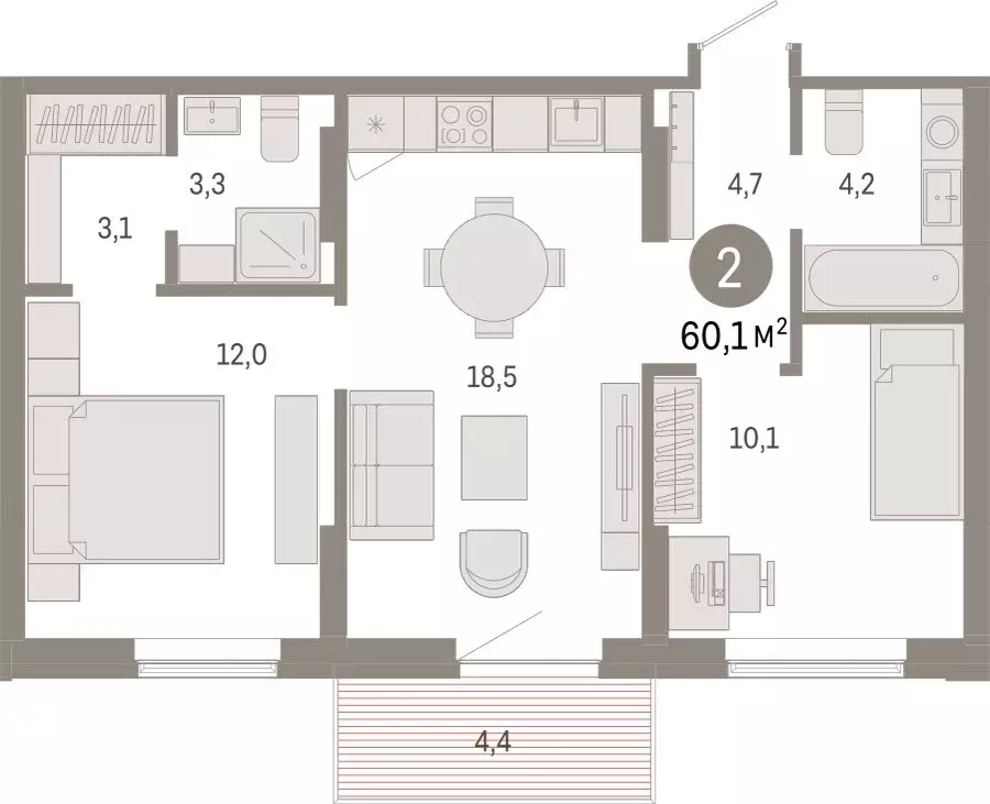 2-комнатная квартира: Омск, Кировский округ (60.14 м) - Фото 1