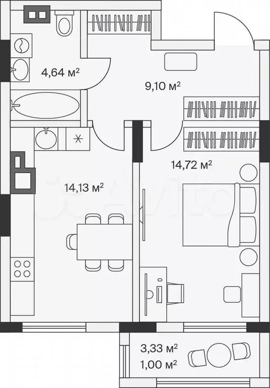 1-к. квартира, 42,9 м, 1/7 эт. - Фото 1