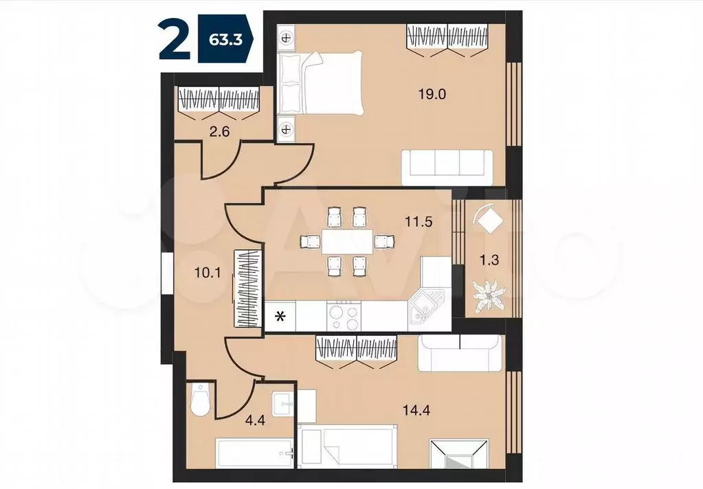2-к. квартира, 64,9 м, 6/9 эт. - Фото 1