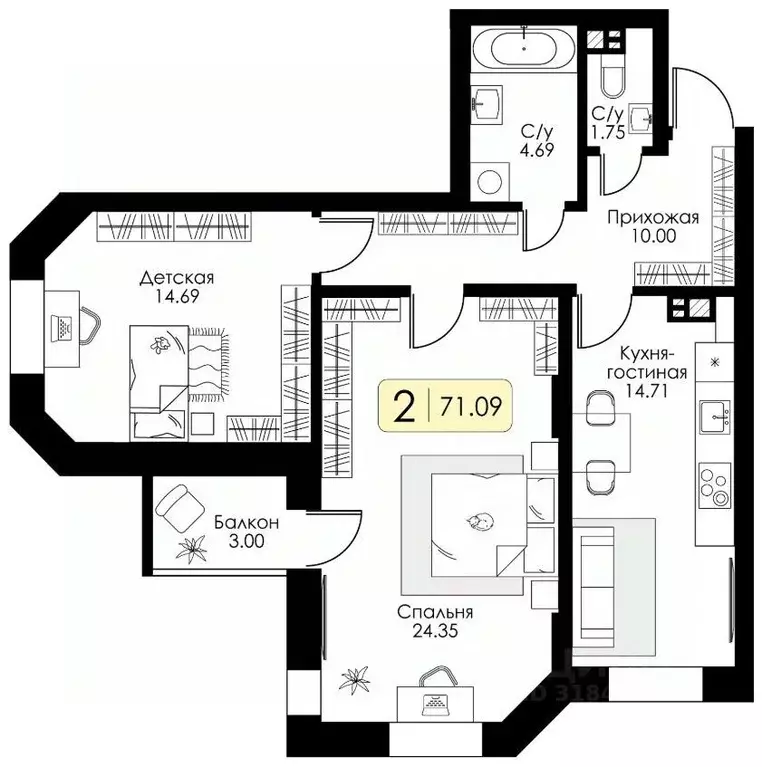 2-к кв. Тверская область, Тверь ул. Коминтерна, 95К (73.2 м) - Фото 1