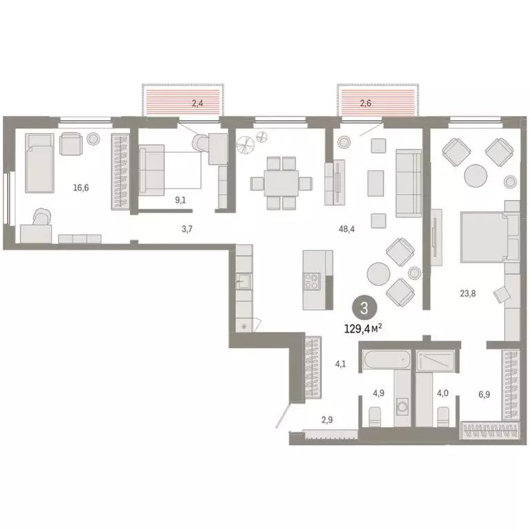 3-комнатная квартира: Тюмень, Мысовская улица, 26к2 (129.44 м) - Фото 1