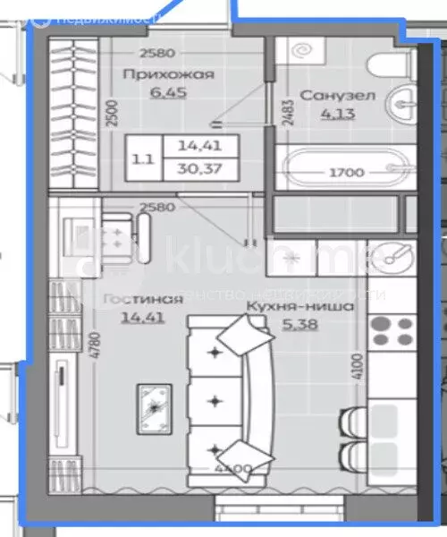 Квартира-студия: Казань, улица Рауиса Гареева, 103А (30.2 м) - Фото 1